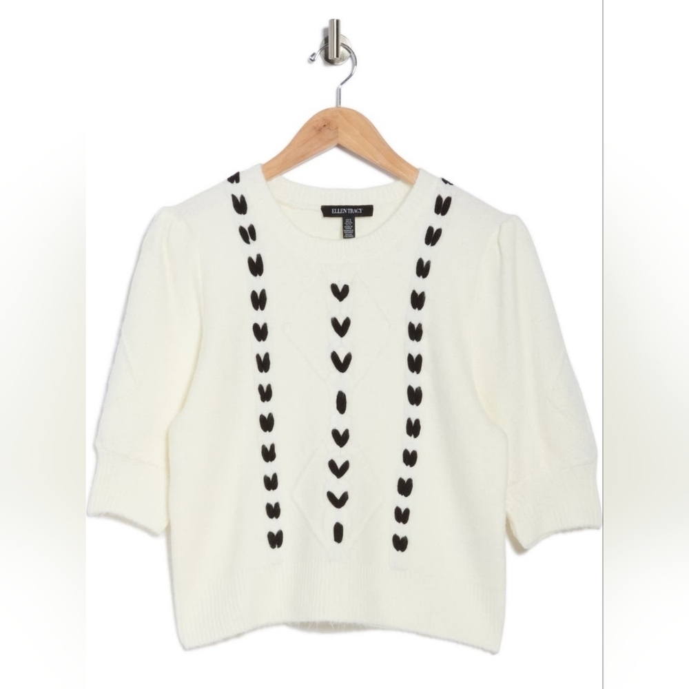 Ellen Tracy Embroidered Short Sleeve Croop Sweater.
